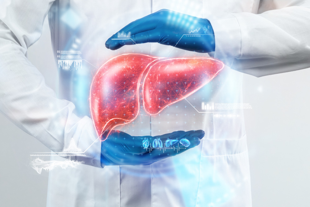 The doctor looks at the Liver hologram, checks the test result on the virtual interface