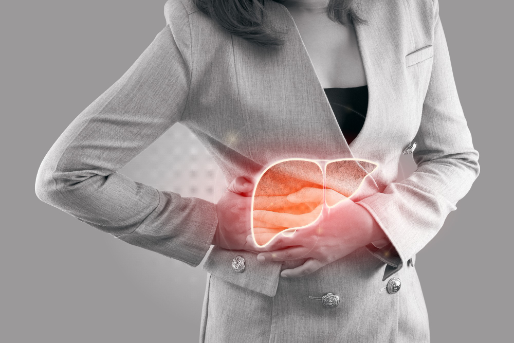 Illustration of liver on woman's body against gray background, Hepatitis, Conce