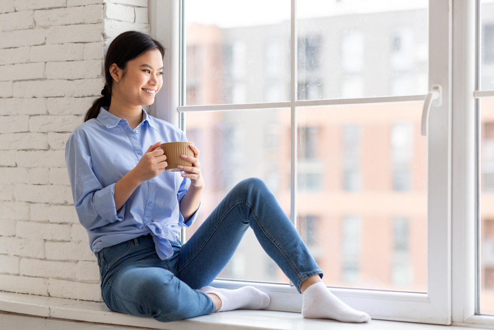 Positive pretty asian woman sitting on window drinking coffee